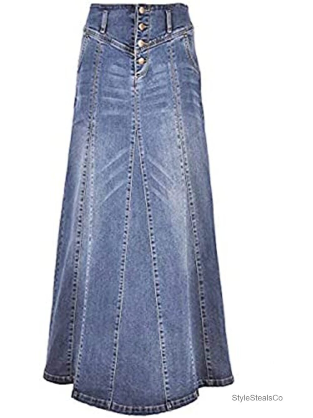High Waist A-Line Maxi Denim Skirt Button Fly Women's